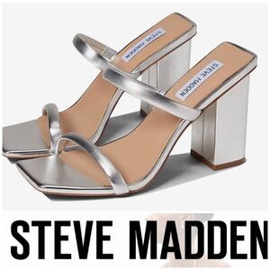 STEVE MADDEN - NWT - L Sz 6.5 BLAKE Silver Metallic Faux Leather Sandal 3” Heel